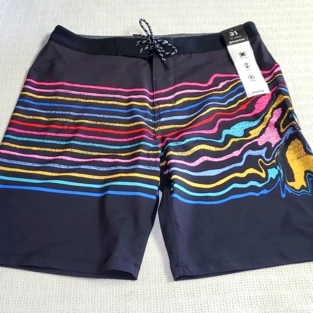 Hurley Phantom Embroidered Rainbow Cinched‎ Black Sz. 31 Board Shorts w Pocket